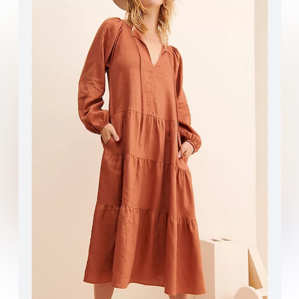 Little Lies Alicia Midi Dress 100% Linen Pockets Tiered Skirt Anthropologie Lg